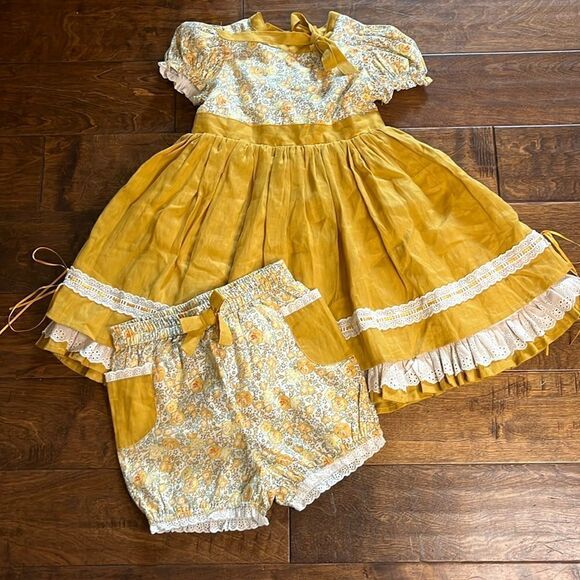 Wild Lilies Golden Floral Layered Eyelet Dress and Bloomer Set, 8! - Picture 1 of 14